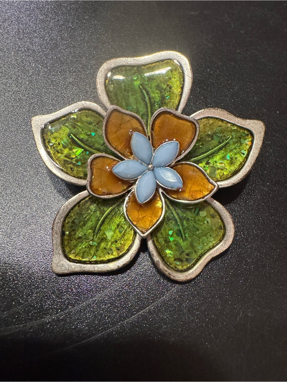 Vintage Liz Claiborne Green Enamel & Silver Tone Flower Brooch